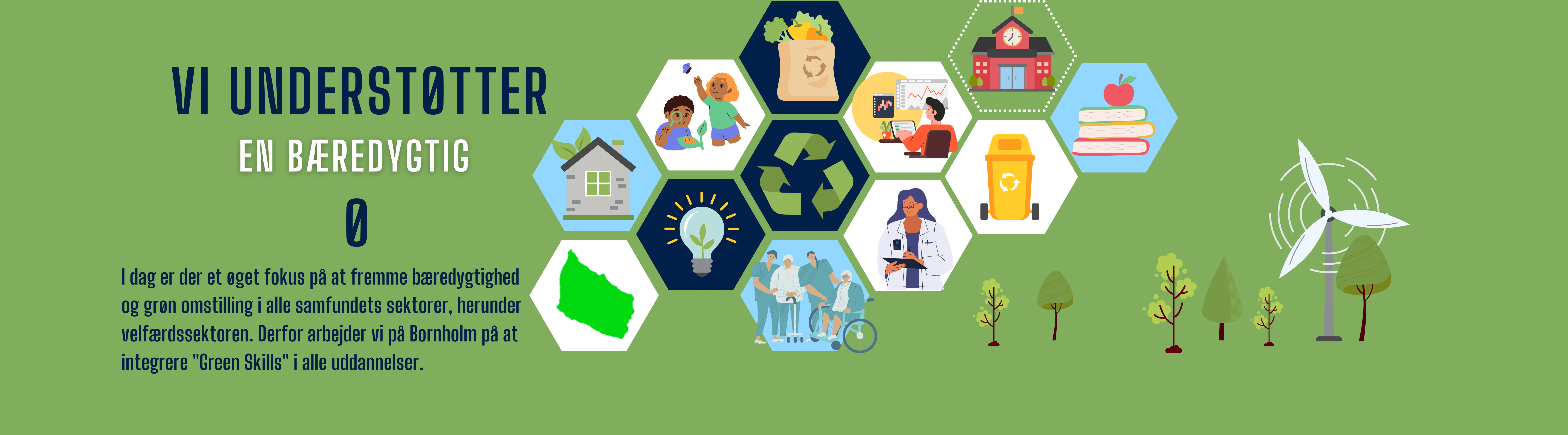 Vi understøtter en bæredygtig Ø. I dag er der et øget fokus på at fremme bæredygtighed og grøm omstilling i alle samfundets sektorer, herunder velfærdssektoren. Derfor arbejder vi på Bornholm på at integrere "Green Skills" i alle uddannelser.
